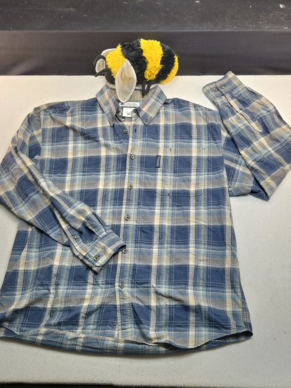 Columbia Men’s Blue and Cream Plaid Button-Down Shirt
